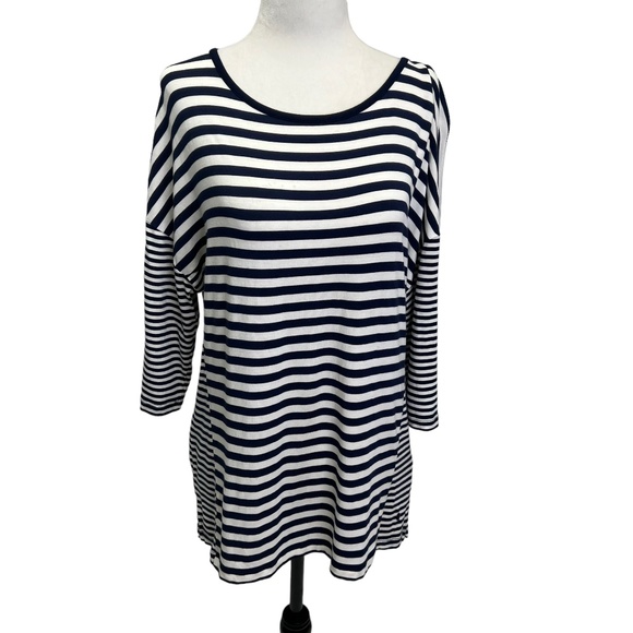 Olsen Europe Navy/White Stripe Round Neck T-shirt Top Size M - Picture 1 of 12